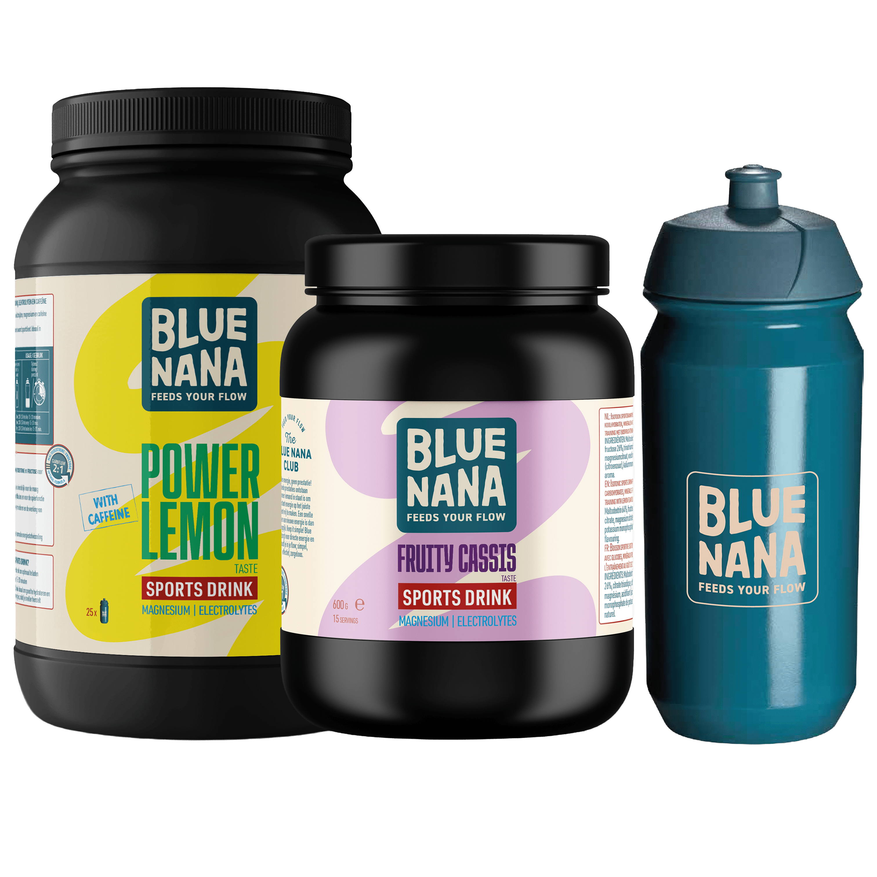 Blue Nana Sport Drinks - Fruity Cassis & Power Lemon (+ caffeine) - Blue Nana Bidon - Blue Nana Club