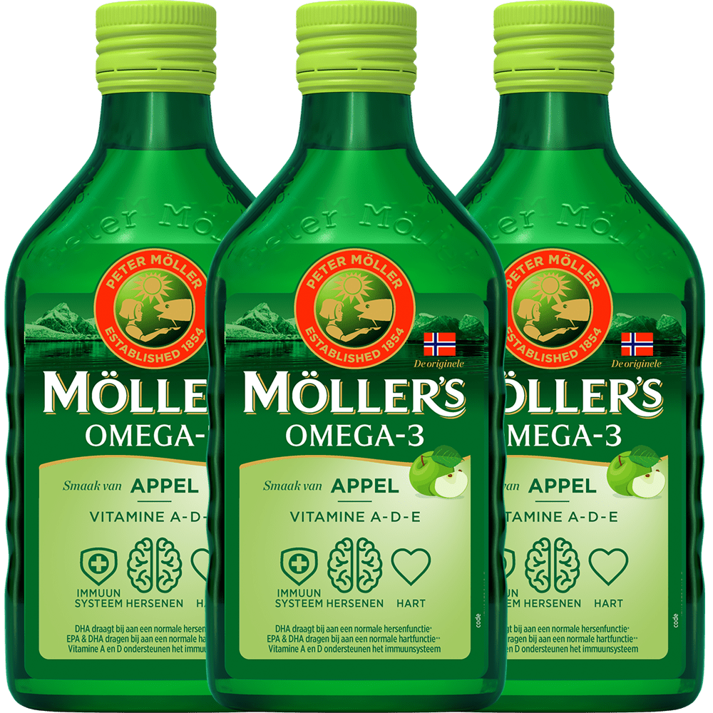 Möller’s Omega - 3 Levertraan Appel - 3 x 250ml - Omega - 3 visolie – Levertraan vloeibaar – Levertraan met smaak van appel - Blue Nana Club