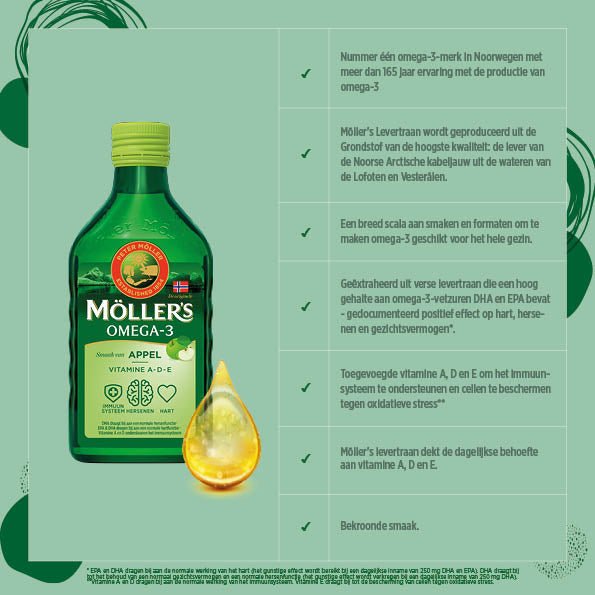 Möller’s Omega - 3 Levertraan Appel - 3 x 250ml - Omega - 3 visolie – Levertraan vloeibaar – Levertraan met smaak van appel - Blue Nana Club