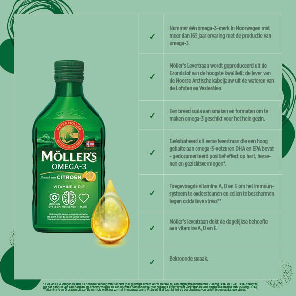 Möller’s Omega - 3 Levertraan Citroen - 3 x 250ml - Omega - 3 visolie met vitamine D - Blue Nana Club