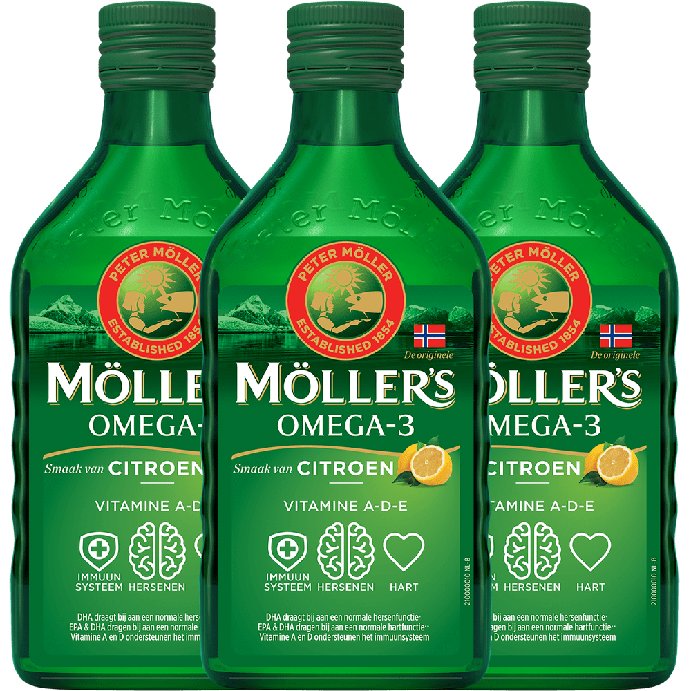 Möller’s Omega - 3 Levertraan Citroen - 3 x 250ml - Omega - 3 visolie met vitamine D - Blue Nana Club