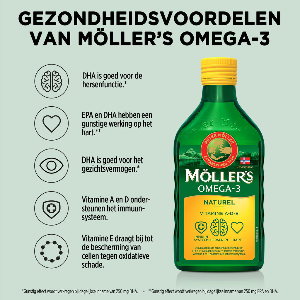 Möller's Omega - 3 Levertraan Naturel - 3 x 250ml - Omega - 3 visolie - Levertraan vloeibaar - Pure levertraan visolie - Blue Nana Club