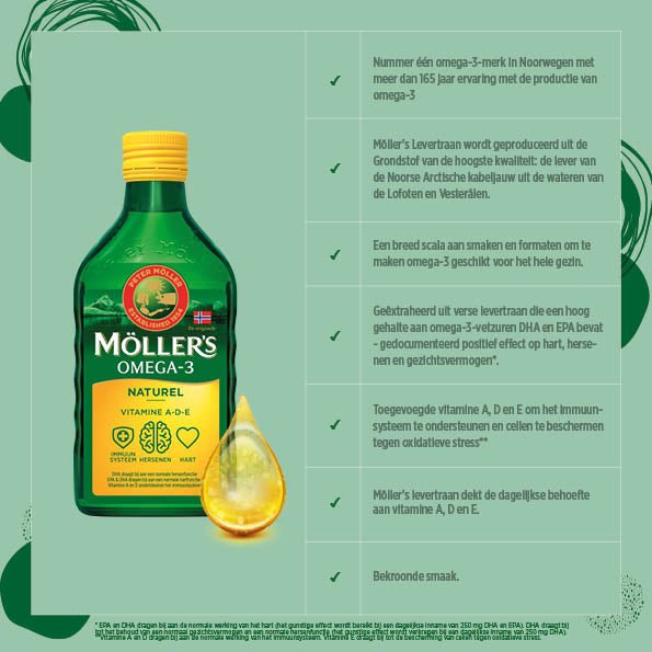 Möller's Omega - 3 Levertraan Naturel - 3 x 250ml - Omega - 3 visolie - Levertraan vloeibaar - Pure levertraan visolie - Blue Nana Club