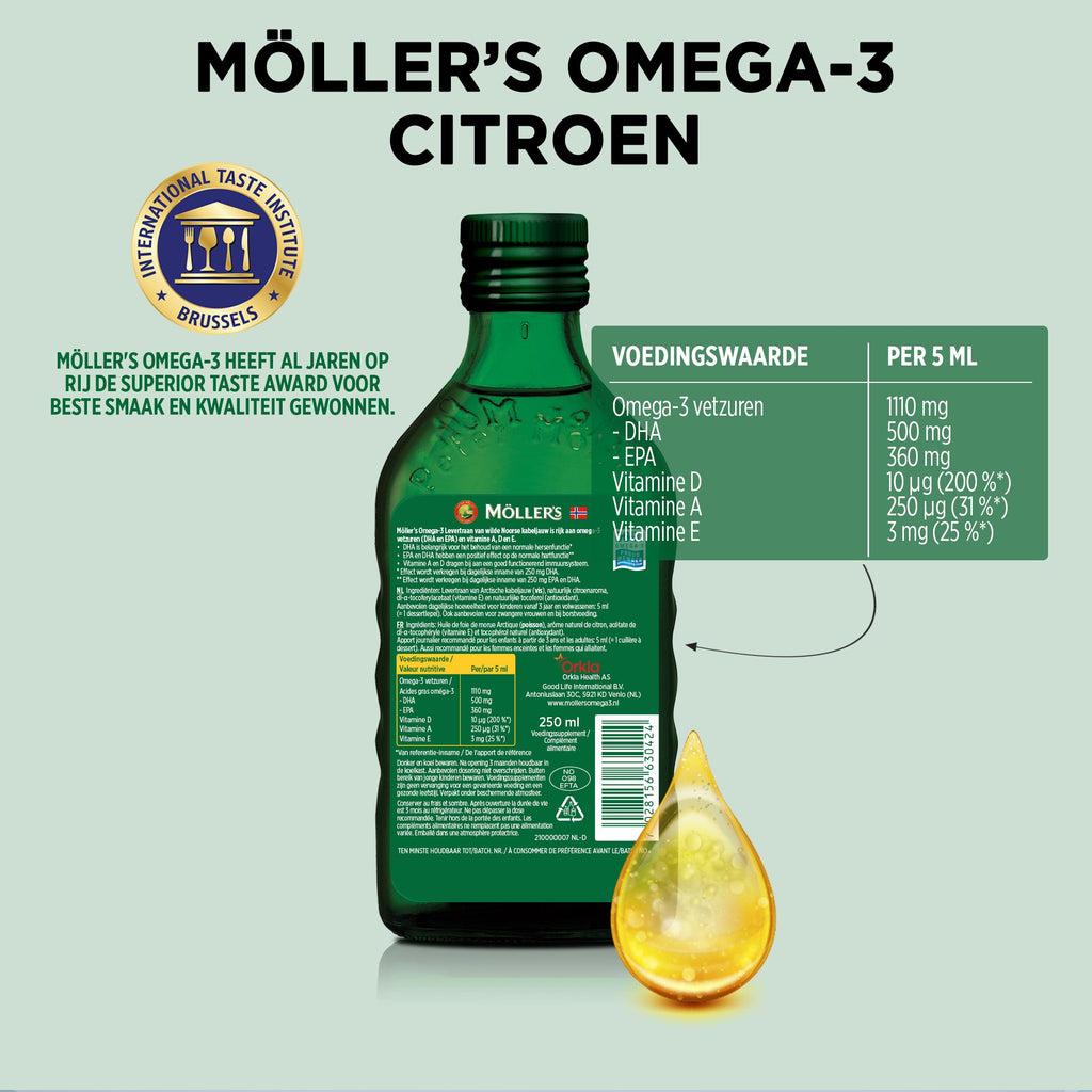 Möller's Omega - 3 Levertraan Testpakket - 3 x 250ml - Citroen, Naturel, Tutti Frutti - Omega - 3 visolie - Levertraan vloeibaar - Blue Nana Club