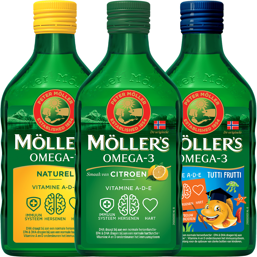 Möller's Omega - 3 Levertraan Testpakket - 3 x 250ml - Citroen, Naturel, Tutti Frutti - Omega - 3 visolie - Levertraan vloeibaar - Blue Nana Club
