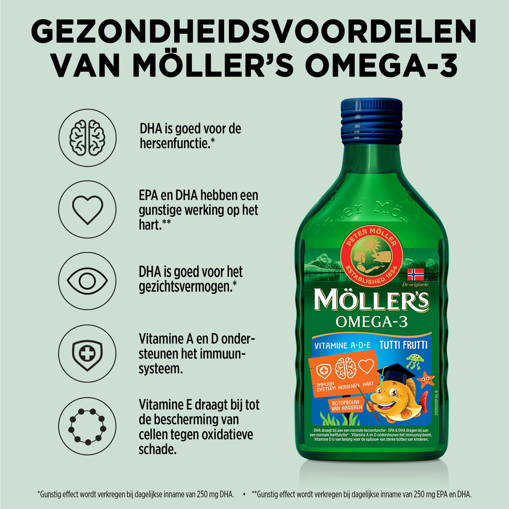 Möller's Omega - 3 Levertraan Tutti Frutti - 3 x 250ml - Omega - 3 visolie voor kinderen - Levertraan vloeibaar – Levertraan met fruitsmaak - Blue Nana Club