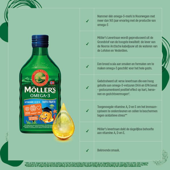 Möller's Omega - 3 Levertraan Tutti Frutti - 3 x 250ml - Omega - 3 visolie voor kinderen - Levertraan vloeibaar – Levertraan met fruitsmaak - Blue Nana Club