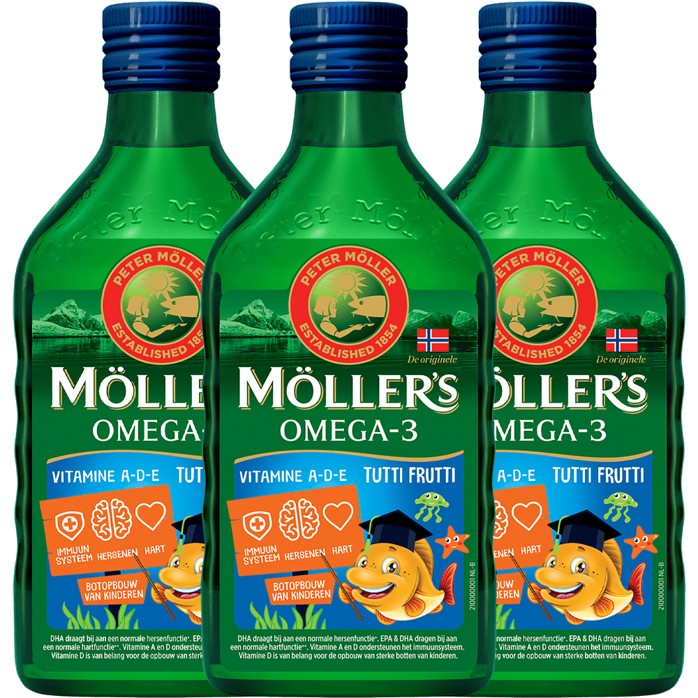 Möller's Omega - 3 Levertraan Tutti Frutti - 3 x 250ml - Omega - 3 visolie voor kinderen - Levertraan vloeibaar – Levertraan met fruitsmaak - Blue Nana Club